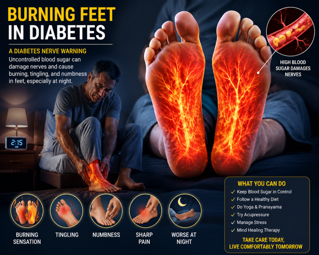 Burning Feet in Diabetes caused by high blood sugar nerve damage

Title