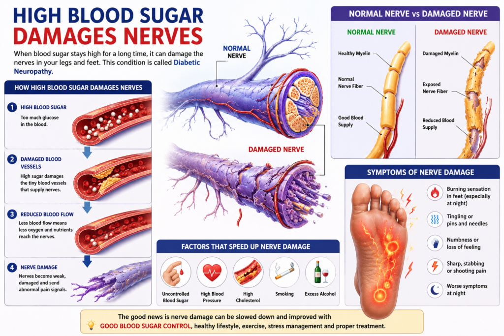 High blood sugar damages nerves in diabetic neuropathy

