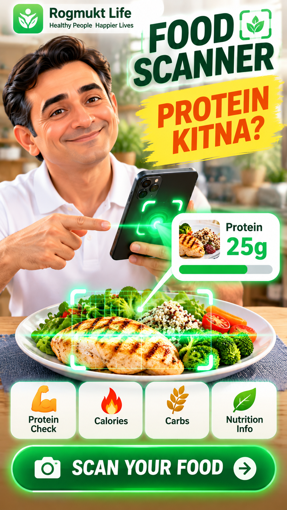Rogmukt Life AI Food Analyzer – food photo से protein, calories, carbs की जानकारी